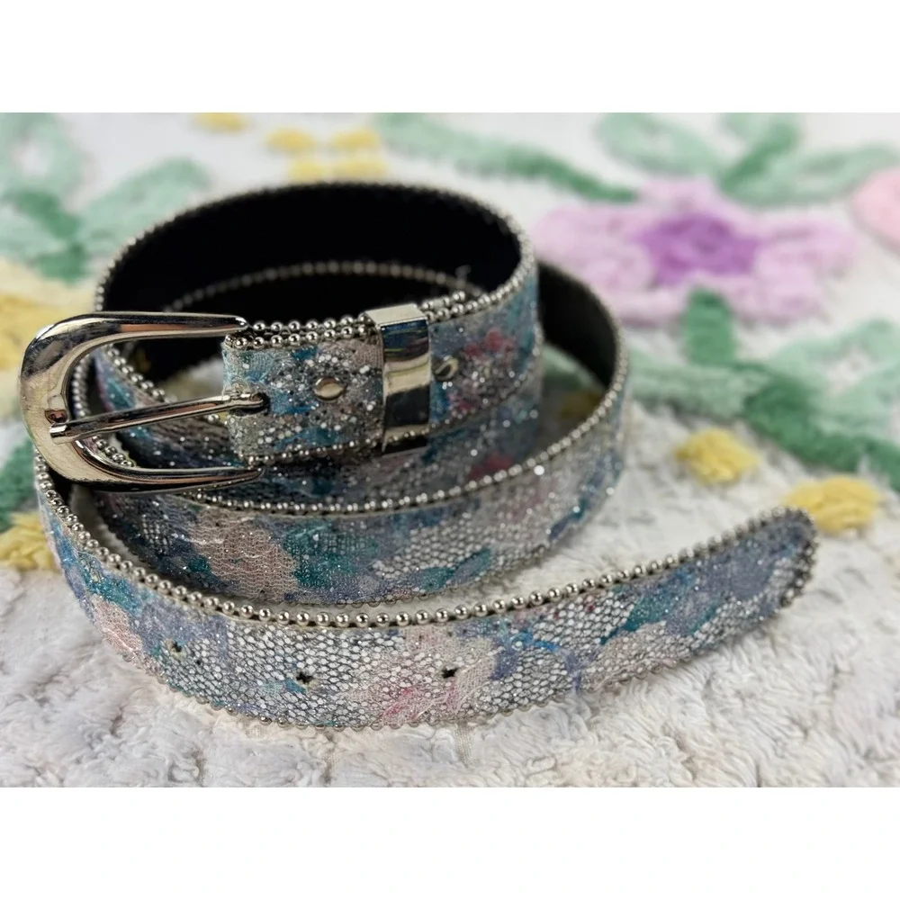 Floral Lace Glitter Belt with Ball Chain Trim Silver Buckle Pastel Y2K XL